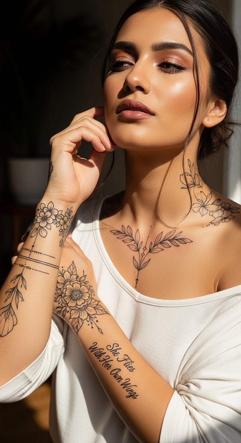A stunning tattoo editorial featuring a beautiful woman showcasing multiple elegant feminine tattoos including delicate florals, minimalist constellations, botanical designs, and meaningful script on wrist, collarbone, and forearm placements, illustrating 18 tattoos for women ideas as the ultimate guide to finding the perfect ink.