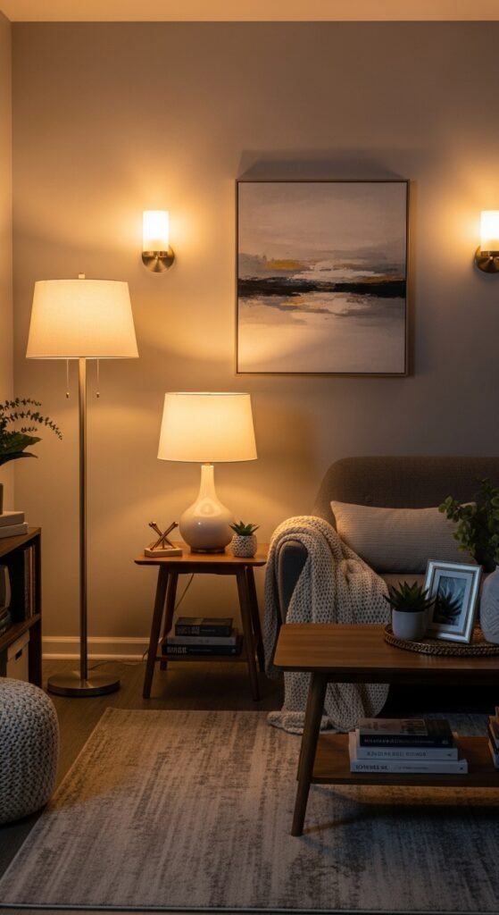 A beautifully designed and maximized small living room featuring multi-functional furniture, large mirrors, high curtains, vertical storage, and a neutral color palette, showcasing 20 small living room decor ideas to help you maximize space and create a stylish and functional home.