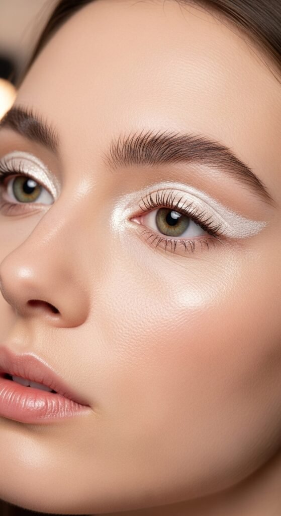 A breathtaking pale brunette makeup editorial featuring a beautiful fair-skinned brunette woman with flawless porcelain complexion, soft rosy blush, taupe smokey eyes, berry lips, and lavender highlighter surrounded by elegant makeup products, showcasing 20 pale brunette makeup ideas to help you embrace your unique beauty with confidence.