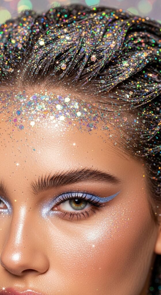 A stunning glamorous McBling makeup editorial featuring a beautiful woman with full Y2K inspired beauty including frosty eyeshadow, metallic foiled lids, glossy lips, shimmery blush, face gems, and chunky highlights, showcasing 18 McBling makeup ideas as a complete guide to mastering the most iconic Y2K makeup trends.