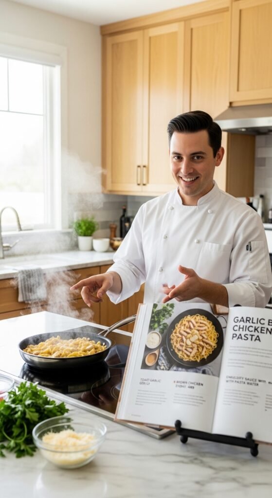 A breathtaking garlic butter chicken pasta editorial featuring a stunning bowl of golden seared chicken over perfectly cooked fettuccine in a rich glossy garlic butter cream sauce topped with freshly grated parmesan and fresh parsley, showcasing the ultimate comfort food guide to making the most delicious garlic butter chicken pasta at home.