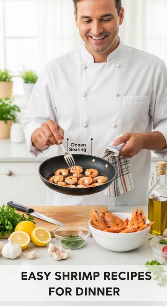 A breathtaking easy shrimp recipes for dinner editorial featuring a stunning spread of golden shrimp dishes including garlic butter shrimp, lemon scampi, shrimp tacos, Cajun shrimp, and Greek shrimp with feta beautifully styled on a rustic wooden table with fresh lemon and herbs, showcasing the ultimate guide to fast fancy and foolproof easy shrimp recipes for dinner.