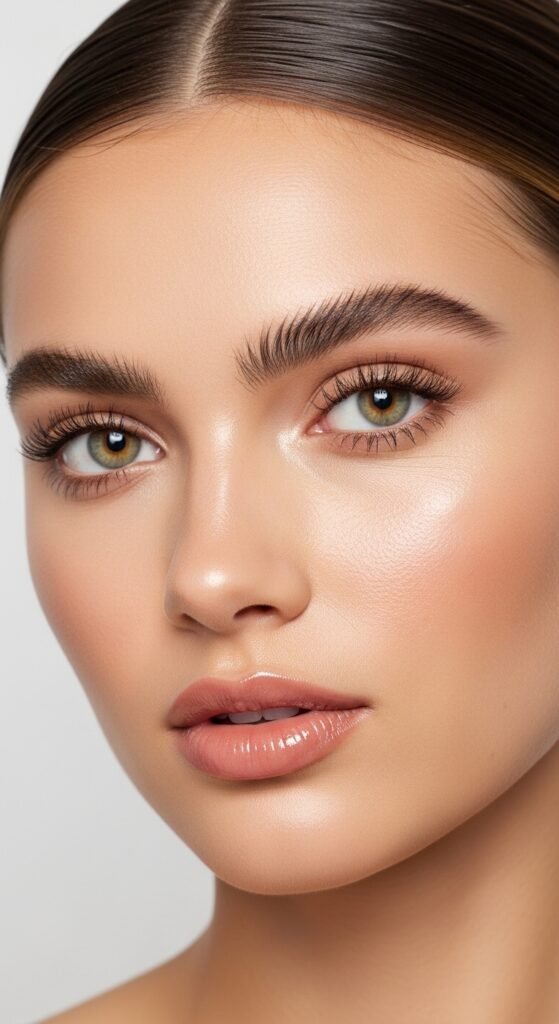 A stunning everyday makeup routine editorial featuring a beautiful woman with effortless natural beauty including glowing dewy skin, soft brows, subtle eye makeup, and flushed blush surrounded by essential makeup products on a white marble vanity, showcasing 18 everyday makeup routine ideas as the ultimate guide to achieving effortless beauty.