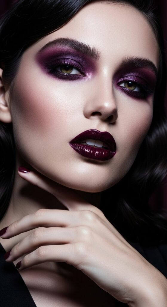 A breathtaking glamour makeup looks editorial featuring a stunning woman with dramatic smokey eyes, bold red lips, blinding highlighter, jewel-toned eyeshadow, and flawless skin surrounded by luxury makeup products, showcasing 17 glamour makeup looks ideas as the ultimate guide to achieving stunning and unforgettable beauty.