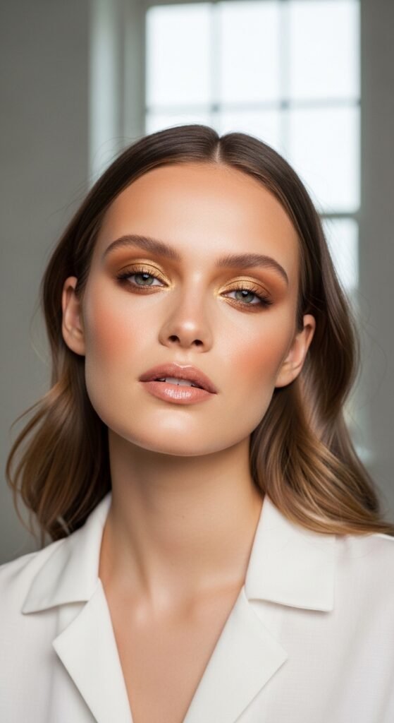 A breathtaking pale skin makeup editorial featuring a stunning fair-skinned woman with flawless porcelain complexion, soft rosy blush, ethereal highlight, subtle smokey eyes, and bold red lip surrounded by elegant makeup products on white marble, showcasing 20 pale skin makeup ideas as a complete guide to achieving flawless and radiant looks.