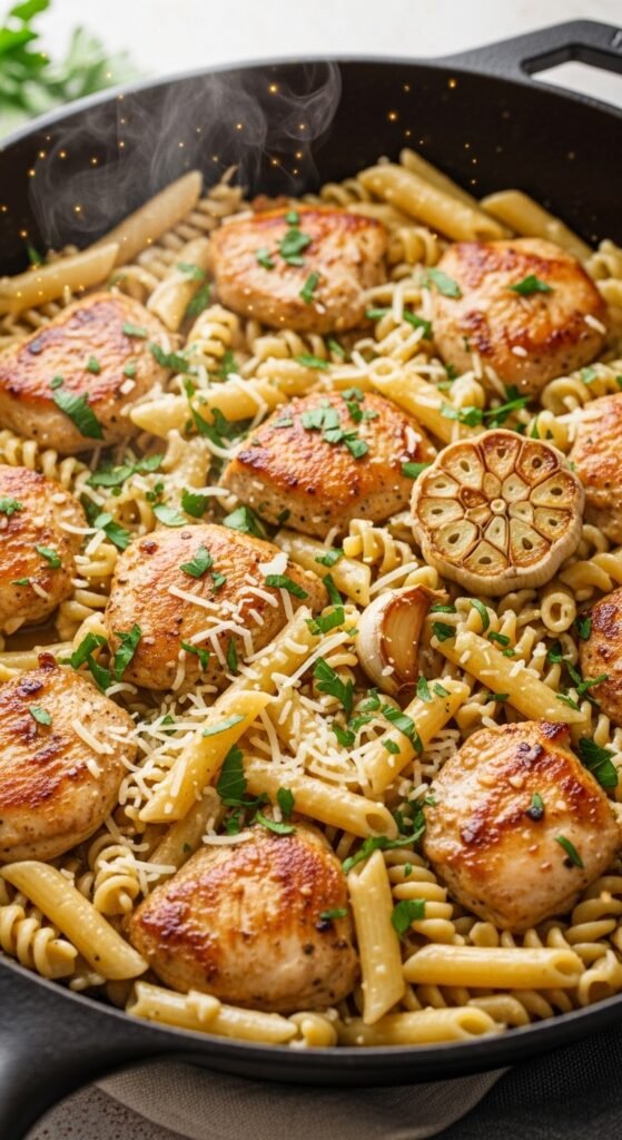 A breathtaking garlic butter chicken pasta editorial featuring a stunning bowl of golden seared chicken over perfectly cooked fettuccine in a rich glossy garlic butter cream sauce topped with freshly grated parmesan and fresh parsley, showcasing the ultimate comfort food guide to making the most delicious garlic butter chicken pasta at home.