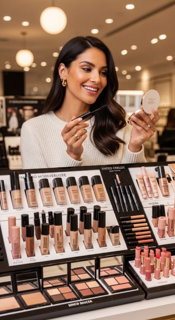 A stunning everyday makeup routine editorial featuring a beautiful woman with effortless natural beauty including glowing dewy skin, soft brows, subtle eye makeup, and flushed blush surrounded by essential makeup products on a white marble vanity, showcasing 18 everyday makeup routine ideas as the ultimate guide to achieving effortless beauty.