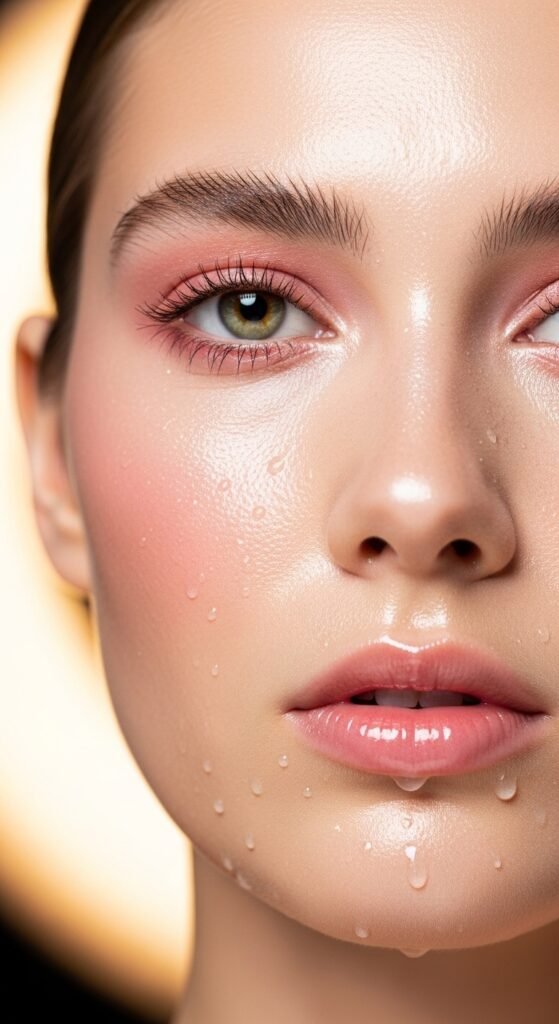 A breathtaking pale skin makeup editorial featuring a stunning fair-skinned woman with flawless porcelain complexion, soft rosy blush, ethereal highlight, subtle smokey eyes, and bold red lip surrounded by elegant makeup products on white marble, showcasing 20 pale skin makeup ideas as a complete guide to achieving flawless and radiant looks.