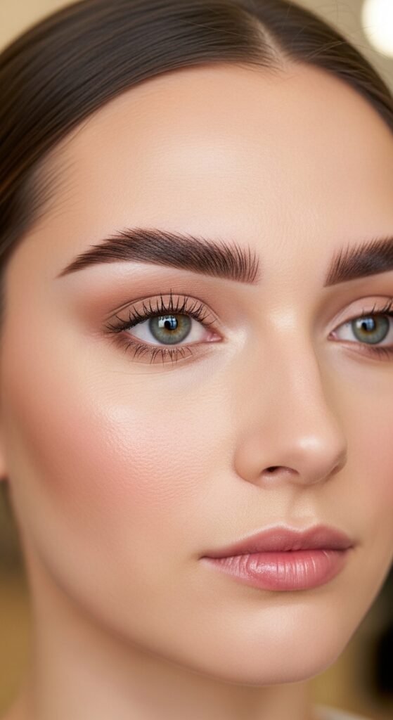 A breathtaking pale brunette makeup editorial featuring a beautiful fair-skinned brunette woman with flawless porcelain complexion, soft rosy blush, taupe smokey eyes, berry lips, and lavender highlighter surrounded by elegant makeup products, showcasing 20 pale brunette makeup ideas to help you embrace your unique beauty with confidence.