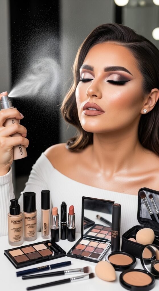 A breathtaking glamour makeup looks editorial featuring a stunning woman with dramatic smokey eyes, bold red lips, blinding highlighter, jewel-toned eyeshadow, and flawless skin surrounded by luxury makeup products, showcasing 17 glamour makeup looks ideas as the ultimate guide to achieving stunning and unforgettable beauty.