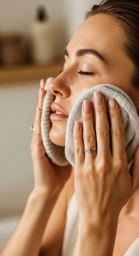 A breathtaking simple natural makeup editorial featuring a beautiful woman with effortlessly glowing dewy skin, groomed feathery brows, soft cream blush, bitten lip stain, and inner corner highlight surrounded by minimal beauty products on white marble, showcasing 20 simple makeup natural ideas as the ultimate guide to achieving effortless everyday beauty.