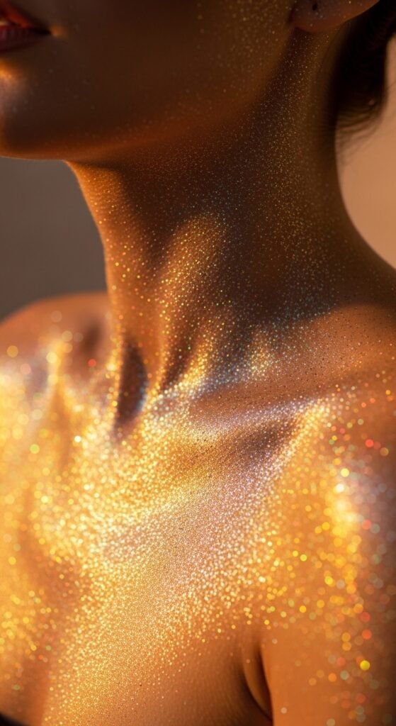 A stunning glamorous McBling makeup editorial featuring a beautiful woman with full Y2K inspired beauty including frosty eyeshadow, metallic foiled lids, glossy lips, shimmery blush, face gems, and chunky highlights, showcasing 18 McBling makeup ideas as a complete guide to mastering the most iconic Y2K makeup trends.