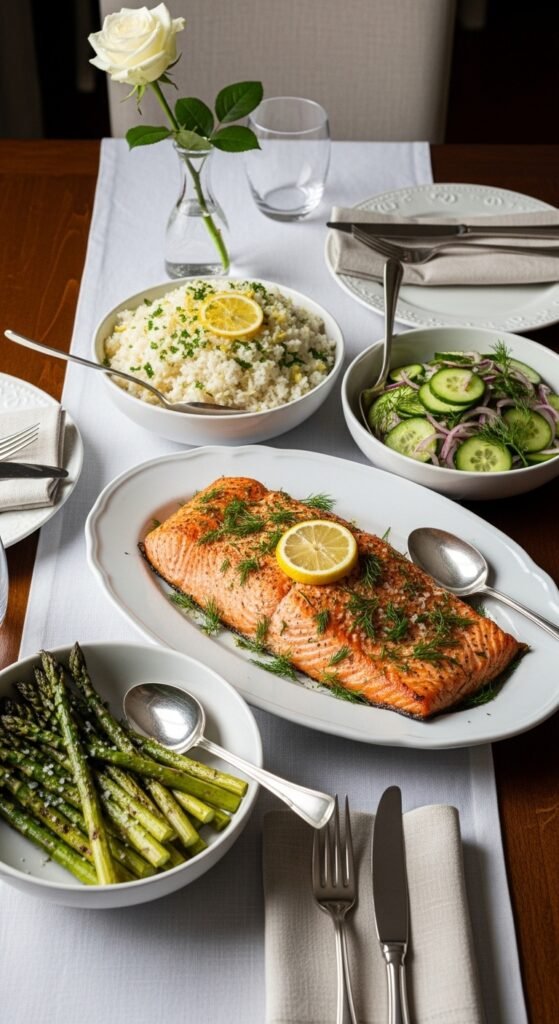 A breathtaking easy salmon recipes baked editorial featuring a stunning spread of golden baked salmon dishes including garlic butter, parmesan herb crusted, lemon pepper, and Mediterranean styles on a rustic wooden table with fresh lemon and dill, showcasing the ultimate guide to foolproof and flavorful easy baked salmon meals.