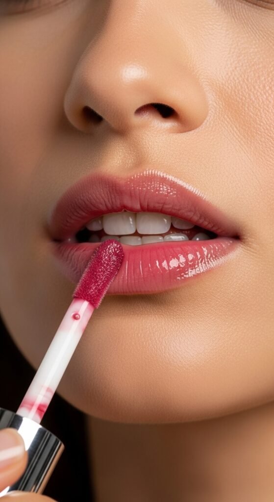 A breathtaking simple natural makeup editorial featuring a beautiful woman with effortlessly glowing dewy skin, groomed feathery brows, soft cream blush, bitten lip stain, and inner corner highlight surrounded by minimal beauty products on white marble, showcasing 20 simple makeup natural ideas as the ultimate guide to achieving effortless everyday beauty.