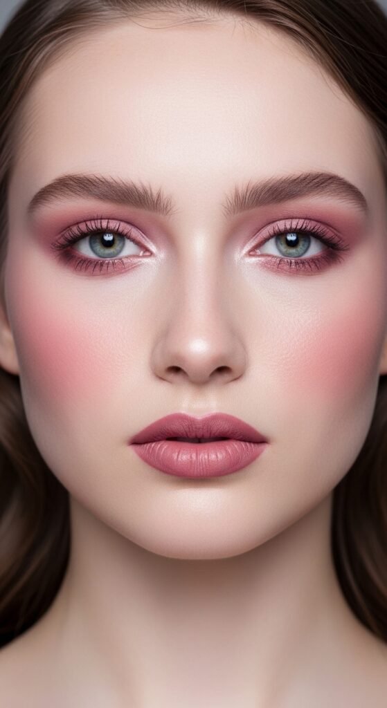 A breathtaking pale brunette makeup editorial featuring a beautiful fair-skinned brunette woman with flawless porcelain complexion, soft rosy blush, taupe smokey eyes, berry lips, and lavender highlighter surrounded by elegant makeup products, showcasing 20 pale brunette makeup ideas to help you embrace your unique beauty with confidence.