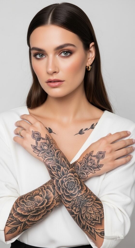A stunning tattoo editorial featuring a beautiful woman showcasing multiple elegant feminine tattoos including delicate florals, minimalist constellations, botanical designs, and meaningful script on wrist, collarbone, and forearm placements, illustrating 18 tattoos for women ideas as the ultimate guide to finding the perfect ink.