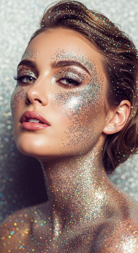 A stunning glamorous McBling makeup editorial featuring a beautiful woman with full Y2K inspired beauty including frosty eyeshadow, metallic foiled lids, glossy lips, shimmery blush, face gems, and chunky highlights, showcasing 18 McBling makeup ideas as a complete guide to mastering the most iconic Y2K makeup trends.