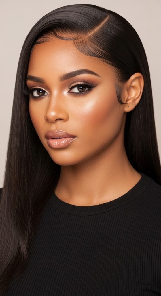 A stunning beauty editorial featuring a gorgeous woman with a flawless sleek straight quick weave hairstyle with perfect shine and movement, showcasing 20 straight quick weave hairstyles ideas for achieving instant glamour and salon-quality results at home.