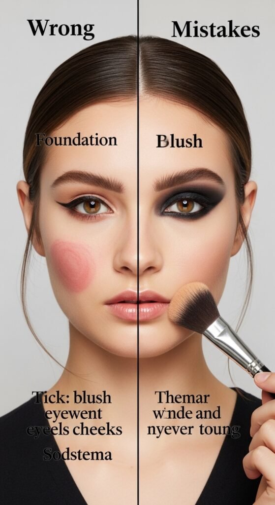 A stunning everyday makeup routine editorial featuring a beautiful woman with effortless natural beauty including glowing dewy skin, soft brows, subtle eye makeup, and flushed blush surrounded by essential makeup products on a white marble vanity, showcasing 18 everyday makeup routine ideas as the ultimate guide to achieving effortless beauty.