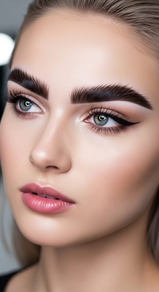 A breathtaking pale skin makeup editorial featuring a stunning fair-skinned woman with flawless porcelain complexion, soft rosy blush, ethereal highlight, subtle smokey eyes, and bold red lip surrounded by elegant makeup products on white marble, showcasing 20 pale skin makeup ideas as a complete guide to achieving flawless and radiant looks.