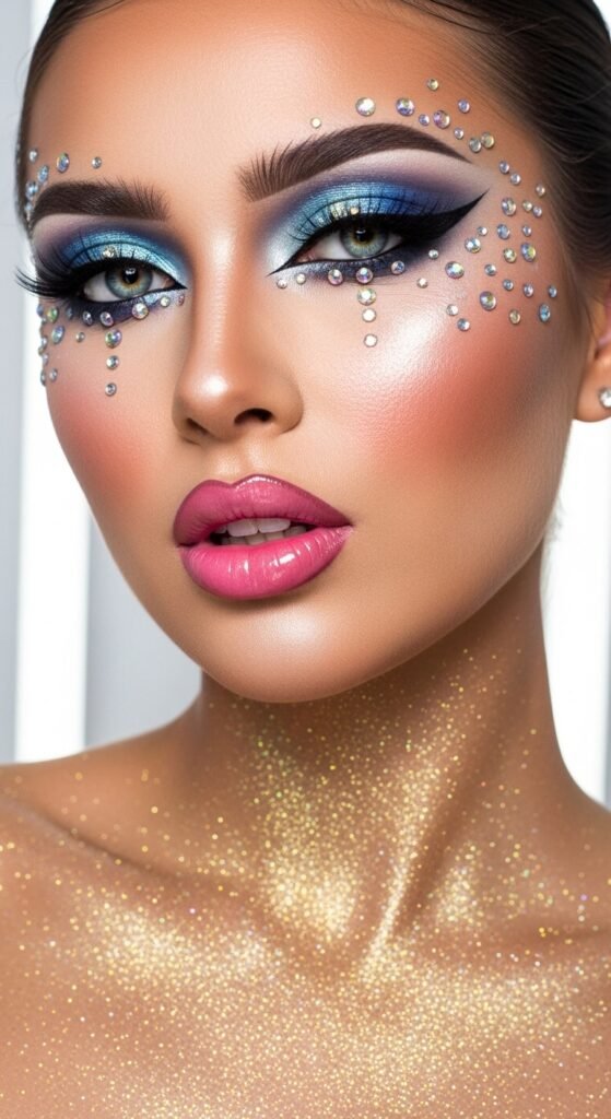 A stunning glamorous McBling makeup editorial featuring a beautiful woman with full Y2K inspired beauty including frosty eyeshadow, metallic foiled lids, glossy lips, shimmery blush, face gems, and chunky highlights, showcasing 18 McBling makeup ideas as a complete guide to mastering the most iconic Y2K makeup trends.