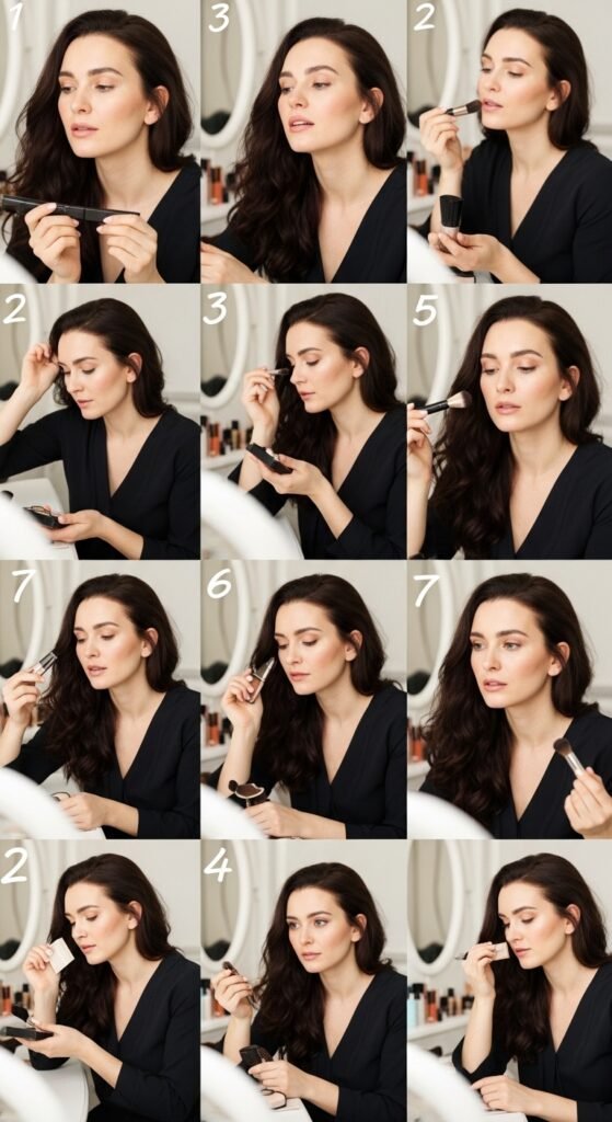 A breathtaking pale brunette makeup editorial featuring a beautiful fair-skinned brunette woman with flawless porcelain complexion, soft rosy blush, taupe smokey eyes, berry lips, and lavender highlighter surrounded by elegant makeup products, showcasing 20 pale brunette makeup ideas to help you embrace your unique beauty with confidence.