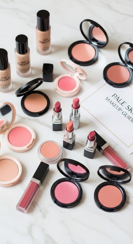 A breathtaking pale skin makeup editorial featuring a stunning fair-skinned woman with flawless porcelain complexion, soft rosy blush, ethereal highlight, subtle smokey eyes, and bold red lip surrounded by elegant makeup products on white marble, showcasing 20 pale skin makeup ideas as a complete guide to achieving flawless and radiant looks.