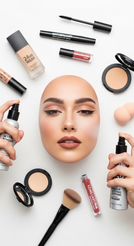A stunning everyday makeup routine editorial featuring a beautiful woman with effortless natural beauty including glowing dewy skin, soft brows, subtle eye makeup, and flushed blush surrounded by essential makeup products on a white marble vanity, showcasing 18 everyday makeup routine ideas as the ultimate guide to achieving effortless beauty.