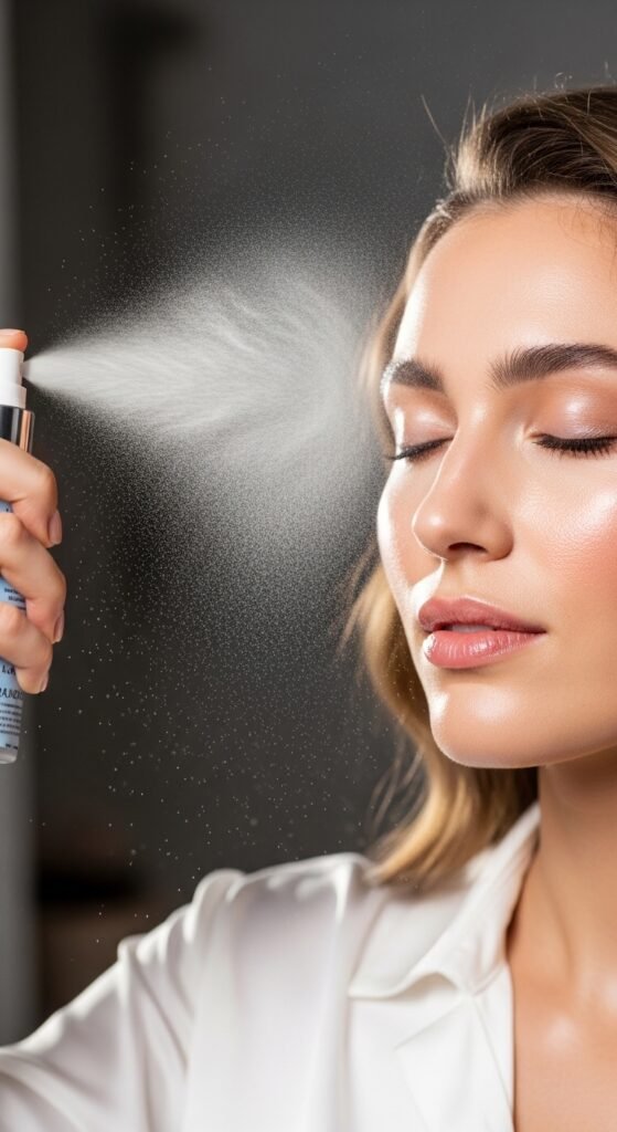 A breathtaking simple natural makeup editorial featuring a beautiful woman with effortlessly glowing dewy skin, groomed feathery brows, soft cream blush, bitten lip stain, and inner corner highlight surrounded by minimal beauty products on white marble, showcasing 20 simple makeup natural ideas as the ultimate guide to achieving effortless everyday beauty.