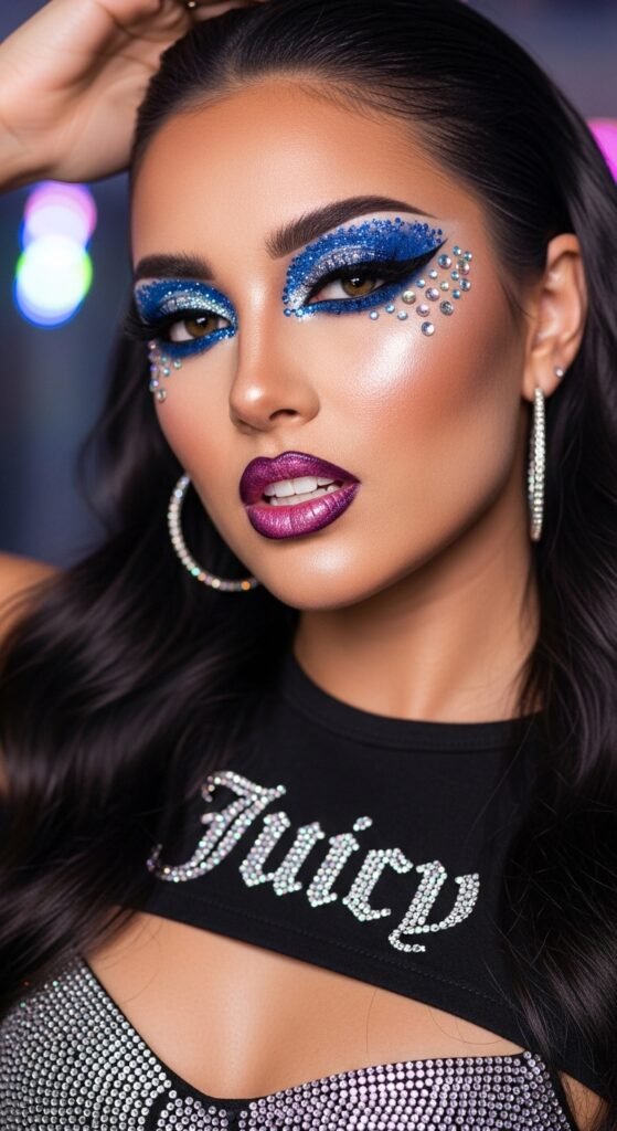 A stunning glamorous McBling makeup editorial featuring a beautiful woman with full Y2K inspired beauty including frosty eyeshadow, metallic foiled lids, glossy lips, shimmery blush, face gems, and chunky highlights, showcasing 18 McBling makeup ideas as a complete guide to mastering the most iconic Y2K makeup trends.