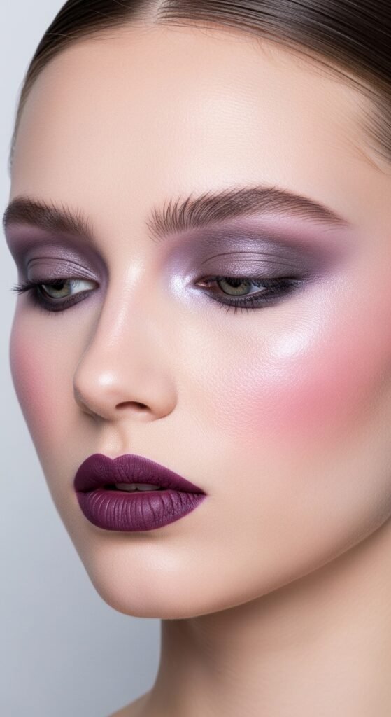 A breathtaking pale skin makeup editorial featuring a stunning fair-skinned woman with flawless porcelain complexion, soft rosy blush, ethereal highlight, subtle smokey eyes, and bold red lip surrounded by elegant makeup products on white marble, showcasing 20 pale skin makeup ideas as a complete guide to achieving flawless and radiant looks.