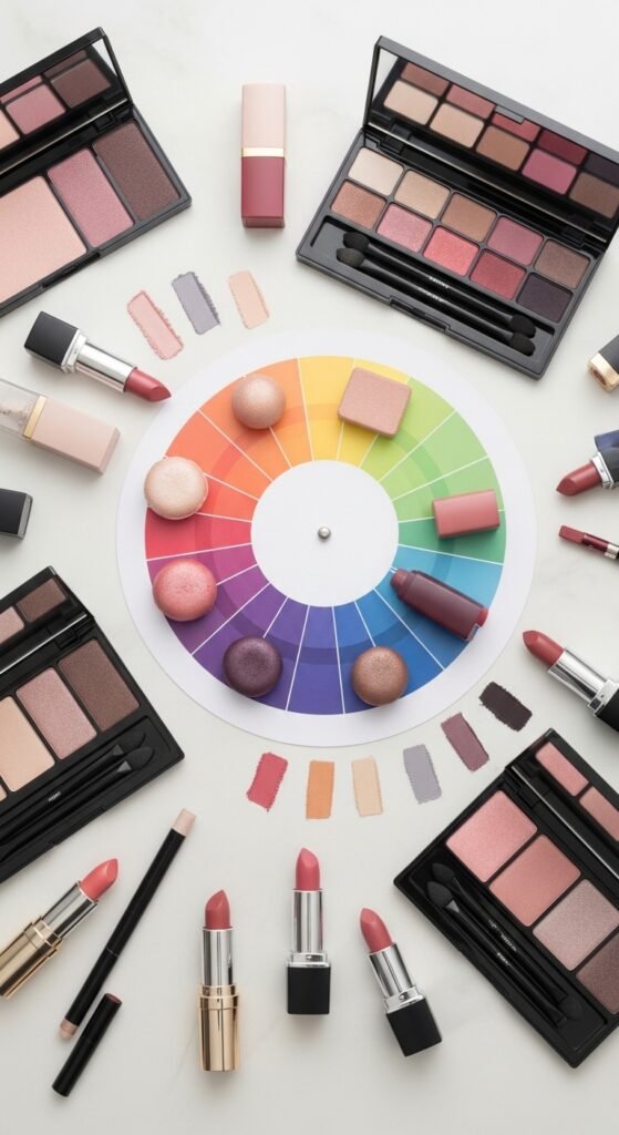 A breathtaking pale brunette makeup editorial featuring a beautiful fair-skinned brunette woman with flawless porcelain complexion, soft rosy blush, taupe smokey eyes, berry lips, and lavender highlighter surrounded by elegant makeup products, showcasing 20 pale brunette makeup ideas to help you embrace your unique beauty with confidence.