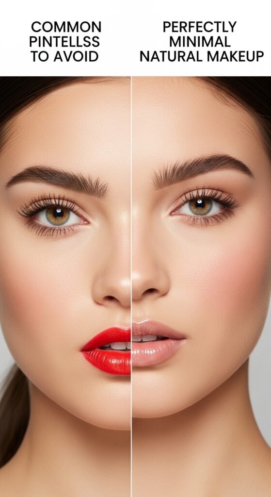 A breathtaking simple natural makeup editorial featuring a beautiful woman with effortlessly glowing dewy skin, groomed feathery brows, soft cream blush, bitten lip stain, and inner corner highlight surrounded by minimal beauty products on white marble, showcasing 20 simple makeup natural ideas as the ultimate guide to achieving effortless everyday beauty.