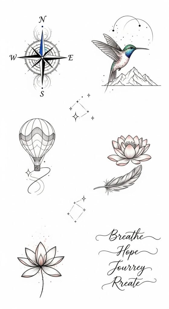 A stunning tattoo editorial featuring a beautiful woman showcasing multiple elegant feminine tattoos including delicate florals, minimalist constellations, botanical designs, and meaningful script on wrist, collarbone, and forearm placements, illustrating 18 tattoos for women ideas as the ultimate guide to finding the perfect ink.
