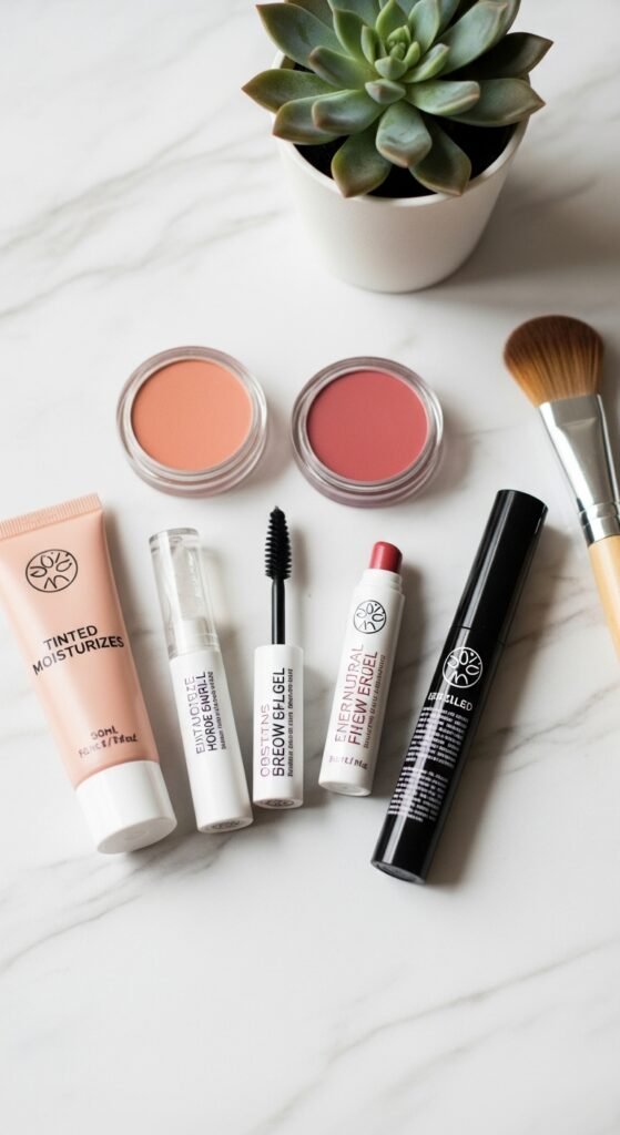 A breathtaking simple natural makeup editorial featuring a beautiful woman with effortlessly glowing dewy skin, groomed feathery brows, soft cream blush, bitten lip stain, and inner corner highlight surrounded by minimal beauty products on white marble, showcasing 20 simple makeup natural ideas as the ultimate guide to achieving effortless everyday beauty.