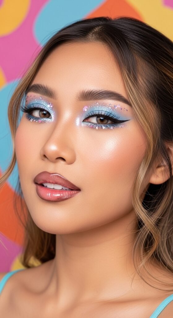 A breathtaking Korean makeup look editorial featuring a beautiful woman with flawless dewy glass skin, soft gradient lips, straight brows, puppy liner, and luminous K-beauty glow surrounded by elegant Korean beauty products, showcasing 20 Korean makeup look ideas as the ultimate guide to achieving the coveted K-beauty glow.