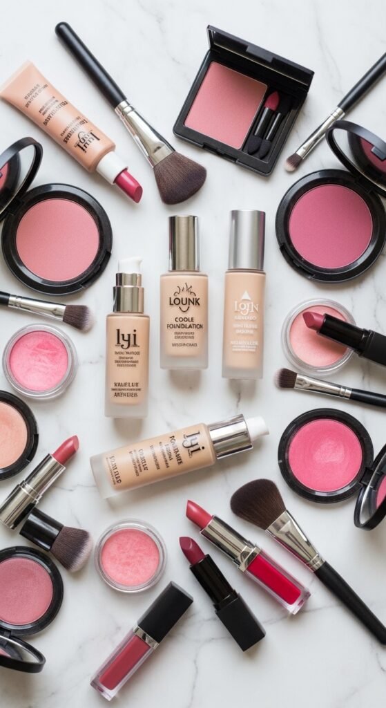 A breathtaking pale brunette makeup editorial featuring a beautiful fair-skinned brunette woman with flawless porcelain complexion, soft rosy blush, taupe smokey eyes, berry lips, and lavender highlighter surrounded by elegant makeup products, showcasing 20 pale brunette makeup ideas to help you embrace your unique beauty with confidence.