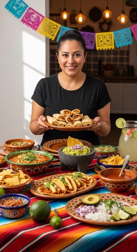 A stunning and vibrant spread of authentic Mexican food recipes including tacos, enchiladas, guacamole, salsa, and rice beautifully arranged on a colorful rustic table, showcasing 20 Mexican food recipes ideas for creating a delicious culinary fiesta in your own kitchen.