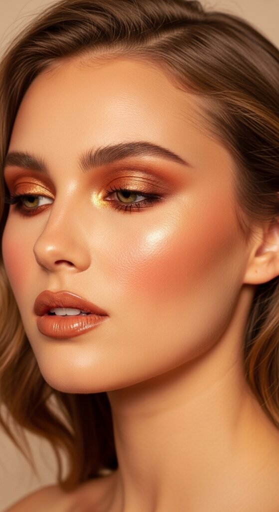 A breathtaking pale skin makeup editorial featuring a stunning fair-skinned woman with flawless porcelain complexion, soft rosy blush, ethereal highlight, subtle smokey eyes, and bold red lip surrounded by elegant makeup products on white marble, showcasing 20 pale skin makeup ideas as a complete guide to achieving flawless and radiant looks.