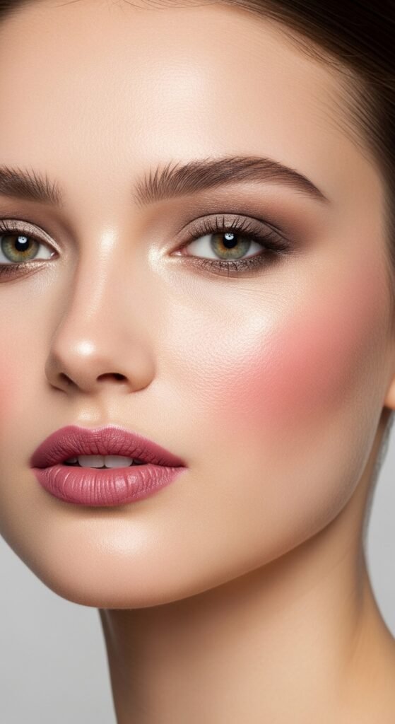 A breathtaking pale skin makeup editorial featuring a stunning fair-skinned woman with flawless porcelain complexion, soft rosy blush, ethereal highlight, subtle smokey eyes, and bold red lip surrounded by elegant makeup products on white marble, showcasing 20 pale skin makeup ideas as a complete guide to achieving flawless and radiant looks.