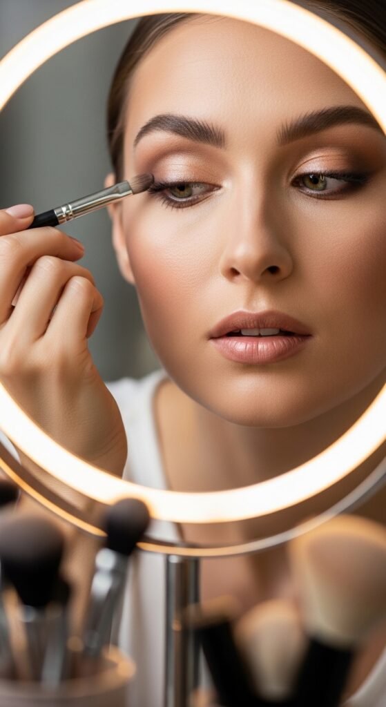 A breathtaking Korean makeup look editorial featuring a beautiful woman with flawless dewy glass skin, soft gradient lips, straight brows, puppy liner, and luminous K-beauty glow surrounded by elegant Korean beauty products, showcasing 20 Korean makeup look ideas as the ultimate guide to achieving the coveted K-beauty glow.