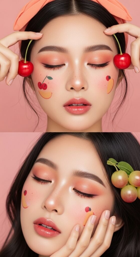 A breathtaking Korean makeup look editorial featuring a beautiful woman with flawless dewy glass skin, soft gradient lips, straight brows, puppy liner, and luminous K-beauty glow surrounded by elegant Korean beauty products, showcasing 20 Korean makeup look ideas as the ultimate guide to achieving the coveted K-beauty glow.