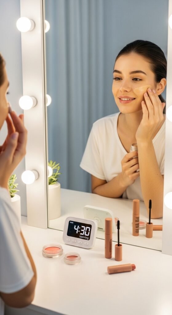 A breathtaking simple natural makeup editorial featuring a beautiful woman with effortlessly glowing dewy skin, groomed feathery brows, soft cream blush, bitten lip stain, and inner corner highlight surrounded by minimal beauty products on white marble, showcasing 20 simple makeup natural ideas as the ultimate guide to achieving effortless everyday beauty.