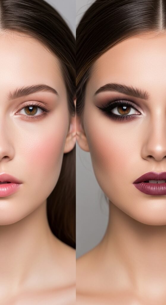 A breathtaking pale brunette makeup editorial featuring a beautiful fair-skinned brunette woman with flawless porcelain complexion, soft rosy blush, taupe smokey eyes, berry lips, and lavender highlighter surrounded by elegant makeup products, showcasing 20 pale brunette makeup ideas to help you embrace your unique beauty with confidence.