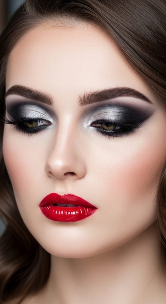 A breathtaking pale brunette makeup editorial featuring a beautiful fair-skinned brunette woman with flawless porcelain complexion, soft rosy blush, taupe smokey eyes, berry lips, and lavender highlighter surrounded by elegant makeup products, showcasing 20 pale brunette makeup ideas to help you embrace your unique beauty with confidence.