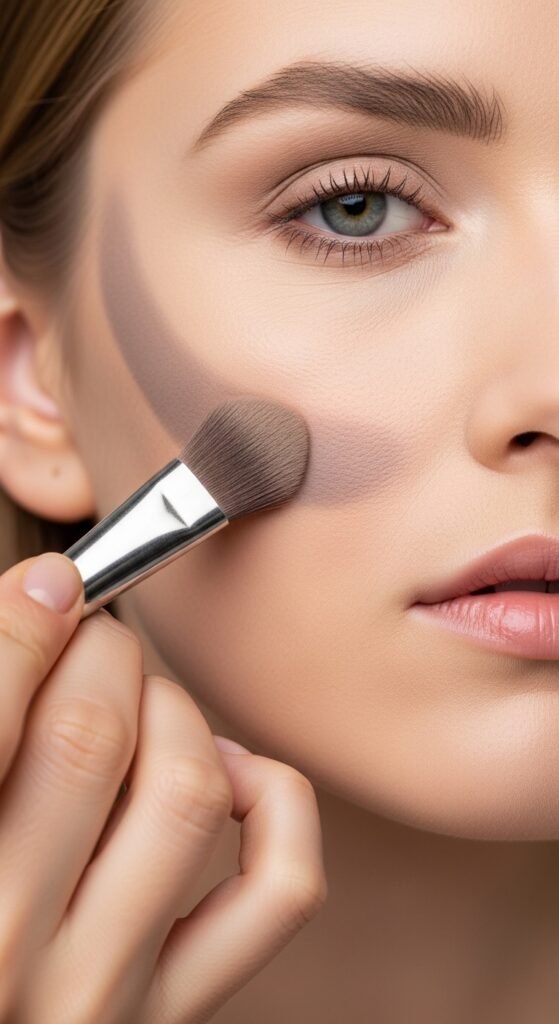 A breathtaking pale skin makeup editorial featuring a stunning fair-skinned woman with flawless porcelain complexion, soft rosy blush, ethereal highlight, subtle smokey eyes, and bold red lip surrounded by elegant makeup products on white marble, showcasing 20 pale skin makeup ideas as a complete guide to achieving flawless and radiant looks.