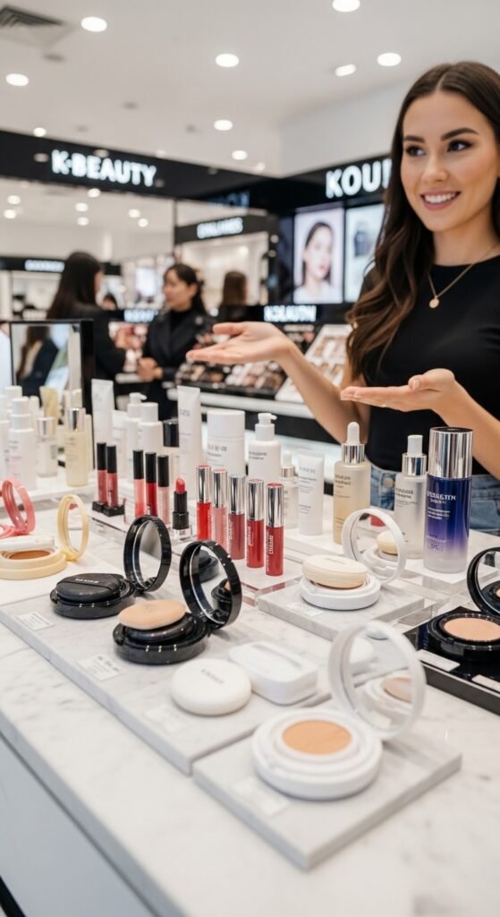 A breathtaking Korean makeup look editorial featuring a beautiful woman with flawless dewy glass skin, soft gradient lips, straight brows, puppy liner, and luminous K-beauty glow surrounded by elegant Korean beauty products, showcasing 20 Korean makeup look ideas as the ultimate guide to achieving the coveted K-beauty glow.