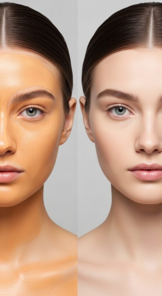 A breathtaking pale skin makeup editorial featuring a stunning fair-skinned woman with flawless porcelain complexion, soft rosy blush, ethereal highlight, subtle smokey eyes, and bold red lip surrounded by elegant makeup products on white marble, showcasing 20 pale skin makeup ideas as a complete guide to achieving flawless and radiant looks.