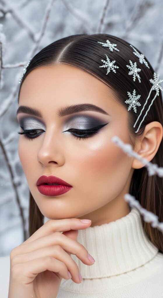 A breathtaking pale brunette makeup editorial featuring a beautiful fair-skinned brunette woman with flawless porcelain complexion, soft rosy blush, taupe smokey eyes, berry lips, and lavender highlighter surrounded by elegant makeup products, showcasing 20 pale brunette makeup ideas to help you embrace your unique beauty with confidence.