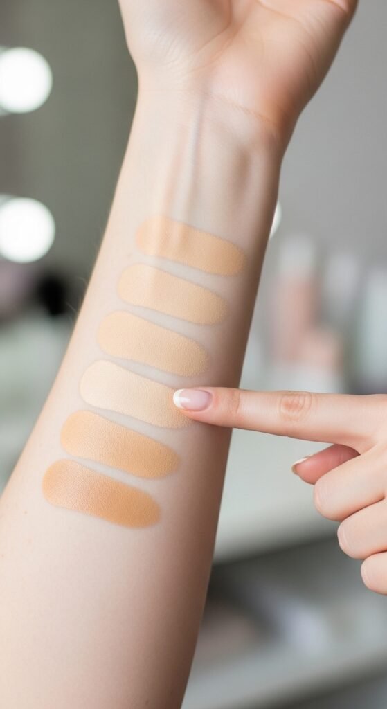 A breathtaking pale skin makeup editorial featuring a stunning fair-skinned woman with flawless porcelain complexion, soft rosy blush, ethereal highlight, subtle smokey eyes, and bold red lip surrounded by elegant makeup products on white marble, showcasing 20 pale skin makeup ideas as a complete guide to achieving flawless and radiant looks.